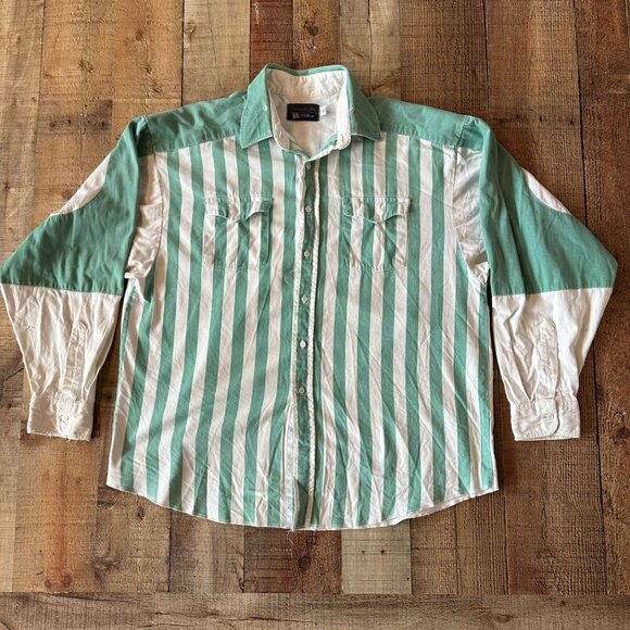 Vintage Panhandle Slim Men's Size XL Long Sleeve Green White Striped Button Up - Picture 1 of 12